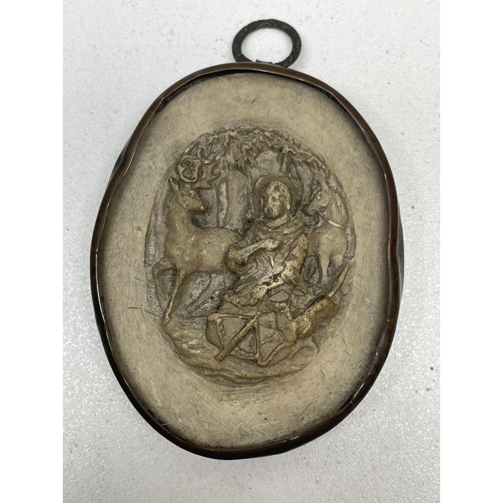 Vintage Oval Christian Saint Figure With Deer Relief Wall Plaque Medallion Decor